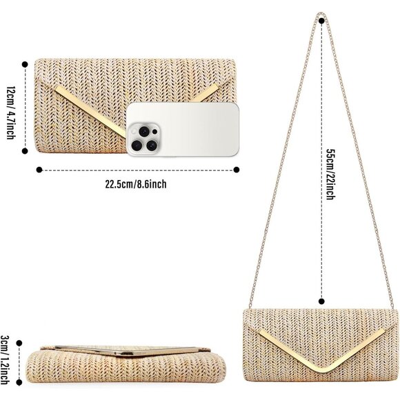 Women's Beige Clutch Purses Sparkling Envelope Evening Bag with Detachable Chain - Picture 7 of 9